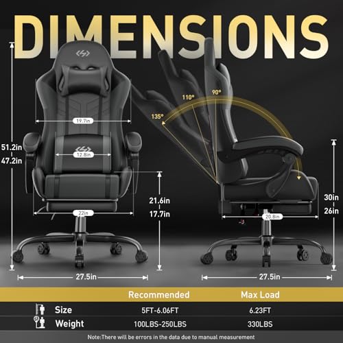 Image of HLDIRECT Gaming Chair, Ergonomic Video Game Seat with 360 Swivel & Lumbar Massage, Computer Chair PU Leather Cushion for Adults Home /Office Use (Black & Grey)