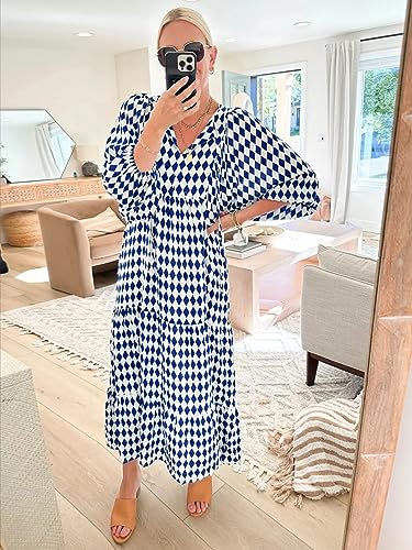 Image of miduo Womens Loose Fit Casual Summer V Neck Half Sleeve Bohemian Geometric Pattern Maxi Long Dresses