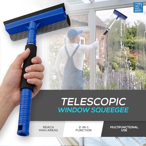 Image of 2 in 1 Telescopic Window Squeegee with Durable Squeegee Blade and Sponge Attachment - Window Cleaning Kit Perfect to Use as Shower Cleaner Squeegee, Window Cleaner & Car Window Squeegee