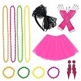 80s Jahre Kostüme für Frauen Mädchen Erwachsene, Frauen Kleider Partyzubehör Neon mit Tutu Röcke Blitz Ohrringe Stirnband Fischnetz Handschuhe Halskette Perlen Partykostüm Set
