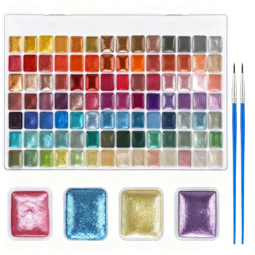 Gueevin 98 Colors Mica Watercolor Paints with Pearlescent Glitter Watercolor Paint Kit Include 2 Brush Shimmer Metallic Colorful Handmade Mica Water Color Paints Gifts for Artists
