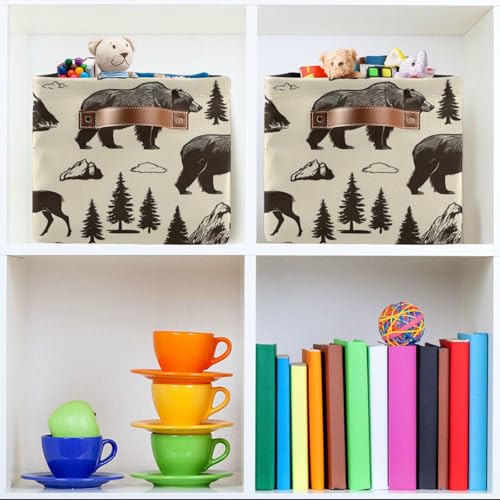 Image of Aslsiy Storage Basket Vintage Deer Bear Moose Nursery Bins National Park Baby Box Canvas Clothes Shelf Basket Laundry Hamper for Home Closet 1 Pcs