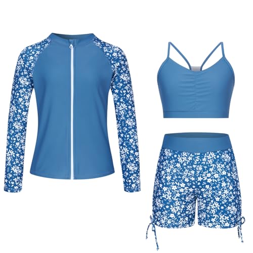 Image of Funnycokid Girls Swimsuit 3 Pieces Zip Rash Guard Bathing Suits Set Kids Bikini Boyshort Summer Swimwear 3-14 Years