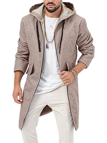 Image of ZIWOCH Mens Trench Coat Wool Blend Hoodie Long Jacket Full Zip Winter Classic Business Overcoat