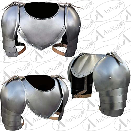 Image of AnNafi Medieval Iron Gorget Spaulders Arm Shoulder + Handcrafted Leather Gauntlet Gloves Steel Armor and Leather Hand Protective Gloves Set, Adult Cosplay Outfits LARP Renaissance Accessories