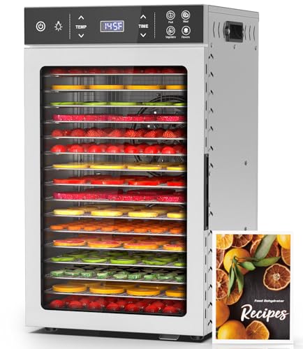 HOPERAN Food Dehydrator Stainless Steel - 800W Electric Dehydrator Machine with 4 Presets, Adjustable Timer, Temperature Control, Digital Food Dryer for Herb, Dog Treats,Meats & Veggies (16 Trays)