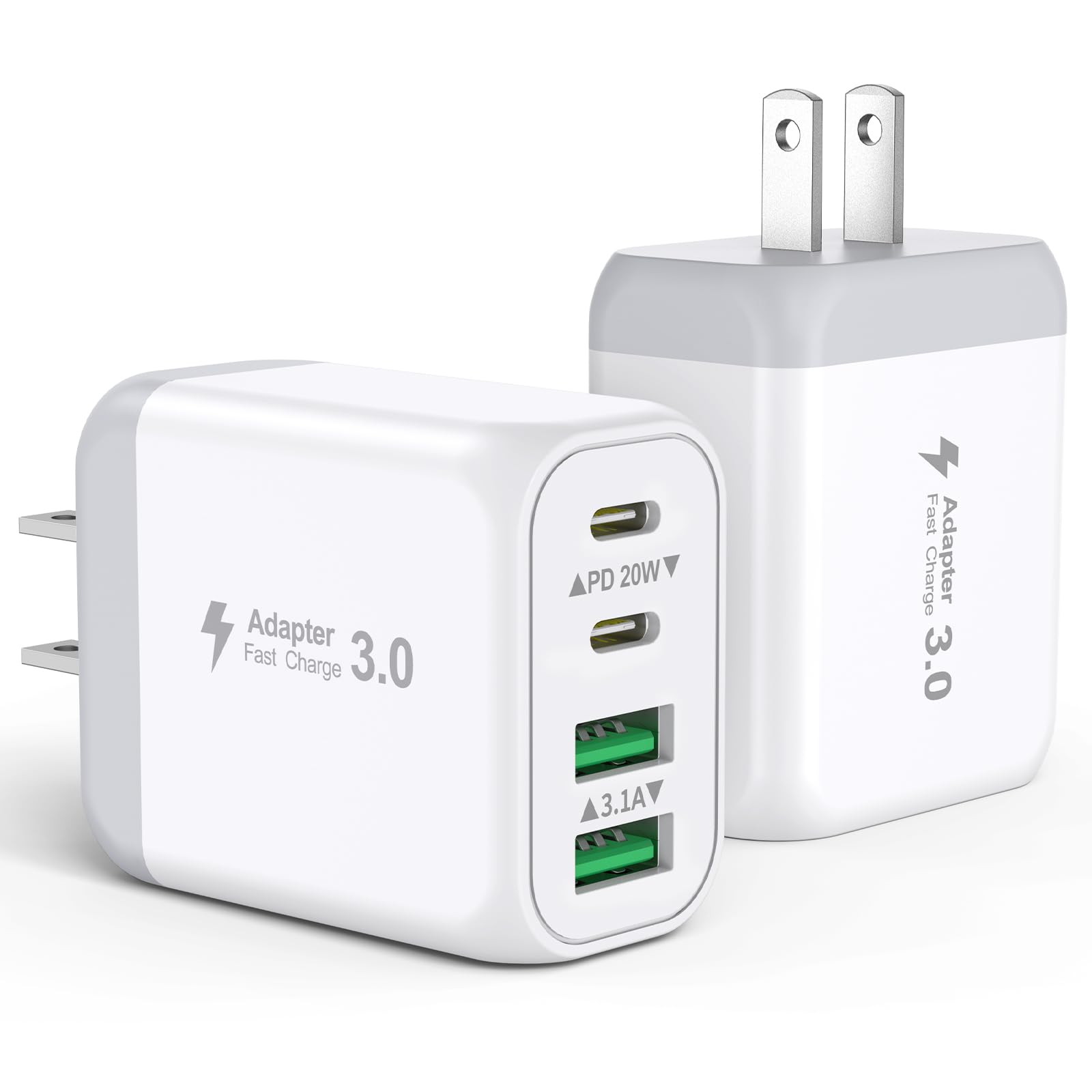 40W USB C Charger Block 2-Pack 4-Port Fast Charging Block Power Adapter Dual PD QC Type-C Multiport Wall