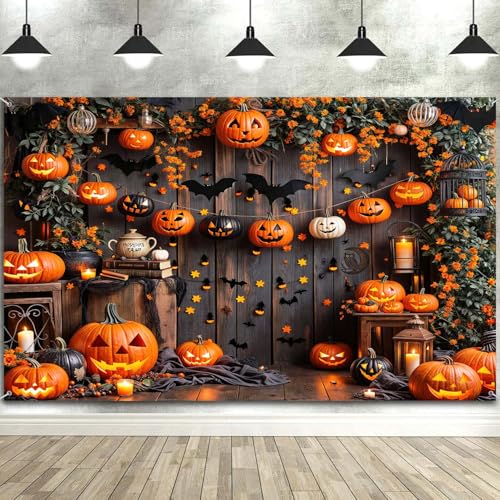 Toile de fond photo Halloween motif chauve-souris citrouille rustique et grand format 2,1x1,5m