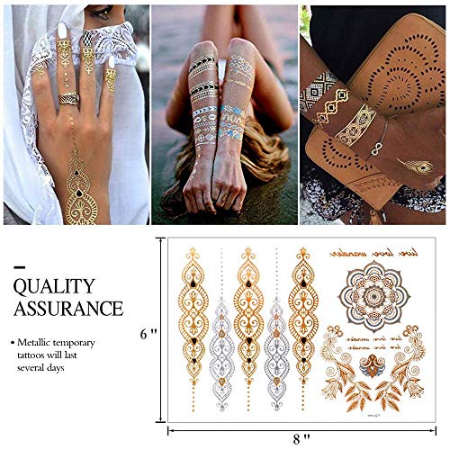 9 sheets 110+ Metallic Temporary Tattoos for Adult Women Girls Tattoos Gold Silver Glitter Flash Waterproof Tattoo Stickers for Beach, Festivals, & Parties