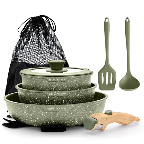 DishDelight Topfset Abnehmbarer Griff Kochtopf Set Beschichteter Induktion Töpfe Set Pfannenset 10-teilige Granit Antihaft Topf und Pfannen Cookware Bratpfanne mit Glasdeckeln