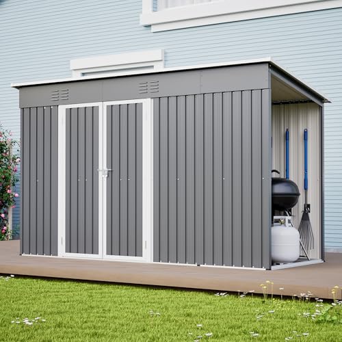 Cobertizo de metal de 10 x 4 pies – 311 x 123 x 181 cm, puerta doble con cerradura, acero galvanizado, resistente a la intemperie, robusto, cobertizo de jardín para herramientas, bicicletas