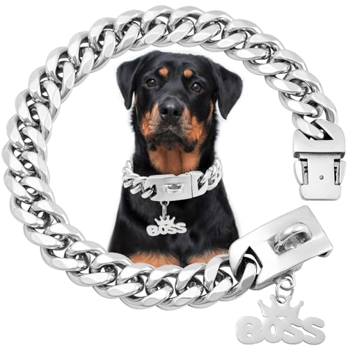 Collare a catena per cani cubano solido, largo 19 mm, in acciaio inox, a prova di masticazione, con fibbia solida, per addestramento cani di taglia piccola, media e grande (45,7 cm)