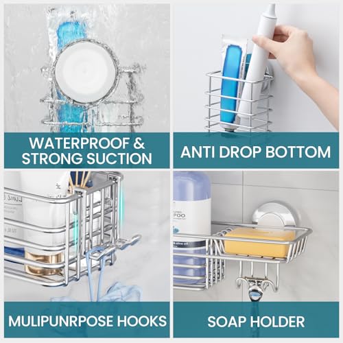 Image of TAILI Shower Caddy Suction Cup, 3 Pack Shelves for Inside with Hooks | Rustproof Silver Storage, Soap Holder, Toothbrush Cups, Removable Bathroom Organizer