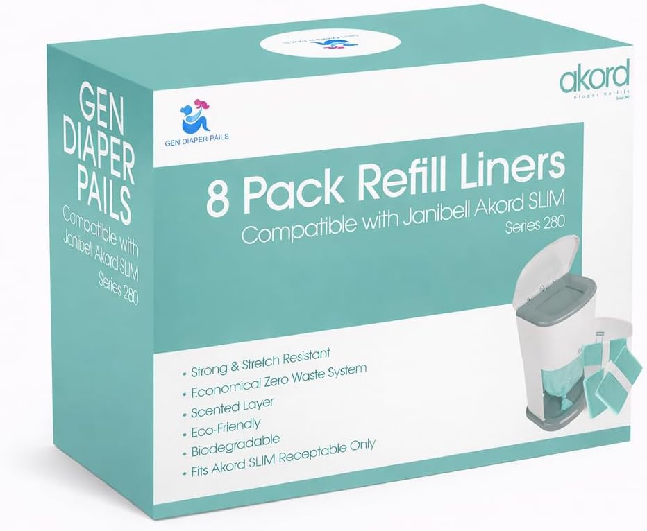 Adult Diaper Liner Refills Compatible with Janibell Akord 280 Slim 8 Pack for 2860 Diapers (Extra 10% Length & 30% Thickness) Incontinence Disposal System Plant Scent to Eliminate Waste/Odor Resistant
