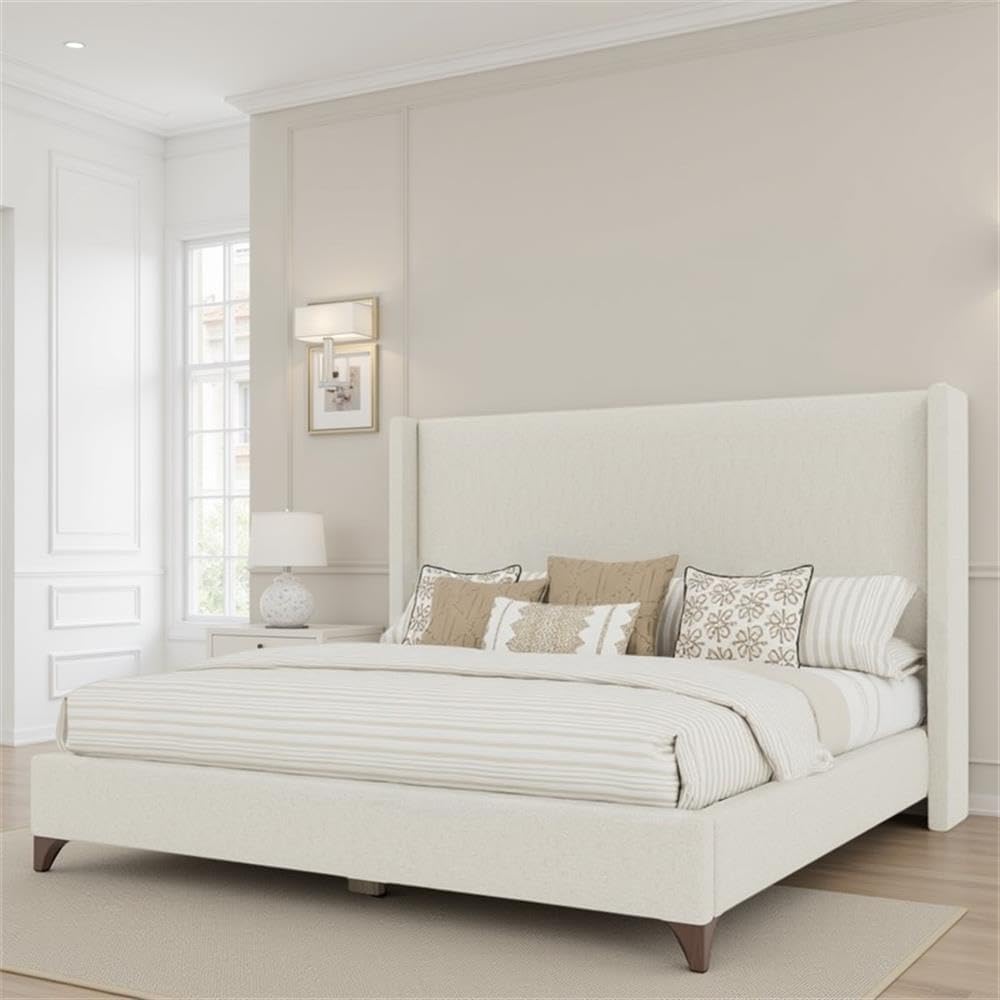BOWERY HILL Modern Upholstered Queen Bed, Off White Performance Fabric, Tall 57.5 in Headboard, Solid and Engineered Wood Frame, Elegant Design Requires Box Spring, Comfortable Bedroom Furniture