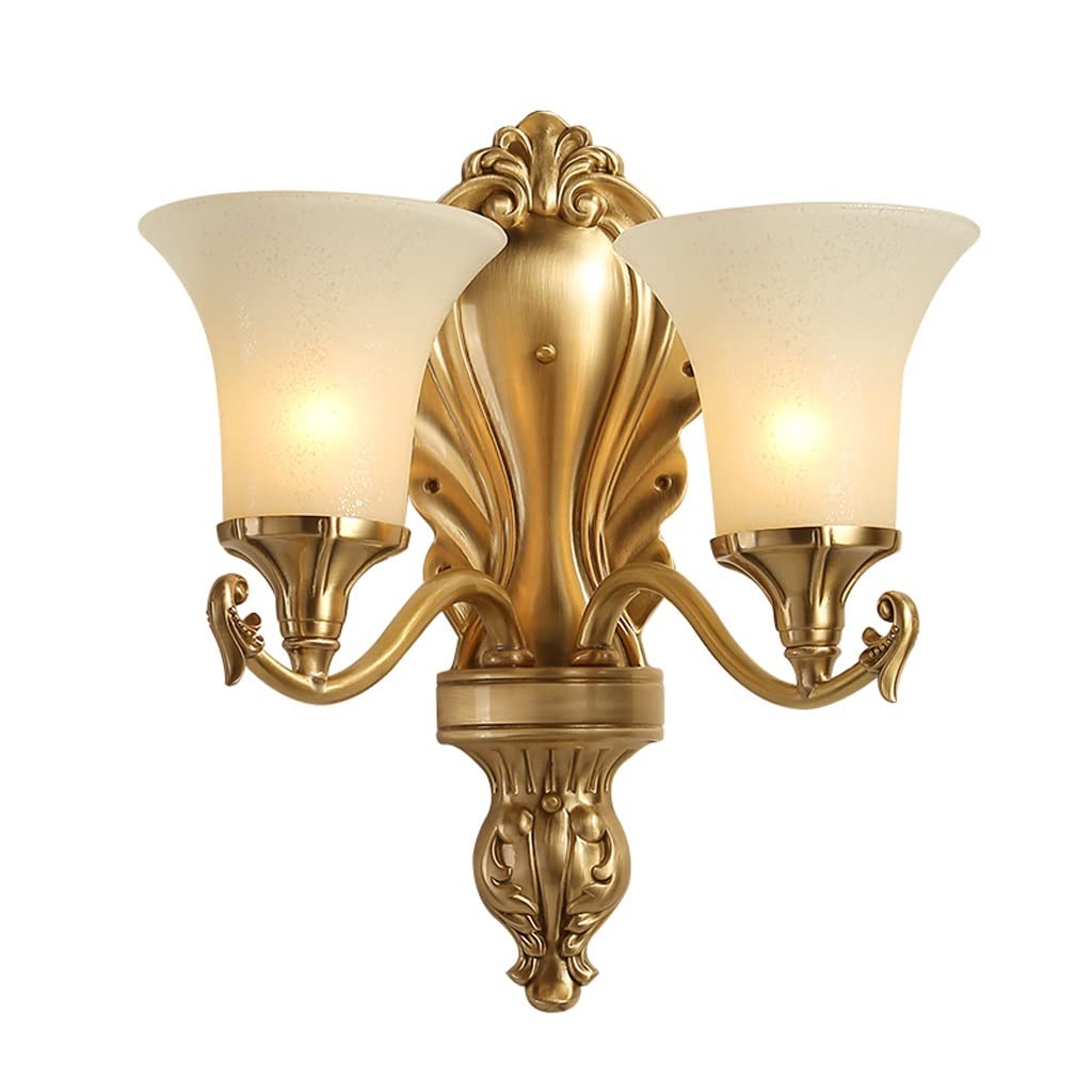 HXYSXHJUO Indoor Wall Lamp Chinese Retro Lamps Living Room Corridor Decoration Double Head Copper Lights Bedroom Bed Glass Gold Sconce