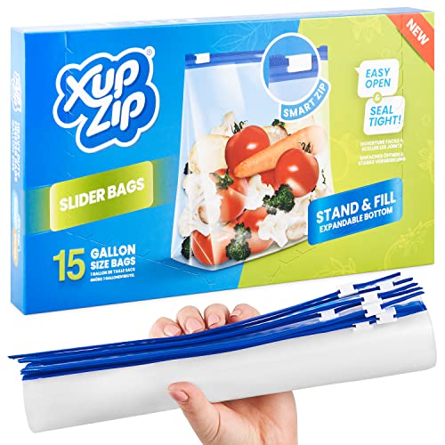 XupZip Bolsas para congelar alimentos de primera calidad | Reutilizables, de plástico resistente | Cierre inteligente hermético y a prueba de fugas | Sin BPA Plástico Un Galón / 4.55L - 15 Bolsas
