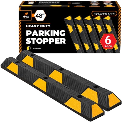 Image of Xpose Safety 48 inch Heavy Duty Rubber Parking Stopper (6 Pack) - Wheel Stops, Parking Lot Bumpers & Rubber Parking Curb for Garage, Driveway or Ramp - Car Bumper Stops with Yellow Reflective Strips