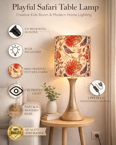 Image of Homesake Rustic Wood Table Lamp Bedside Wooden Desk Lamps for Living Bedroom Study Night, House Warming Diwali Gift, Fabric Shade (Red)