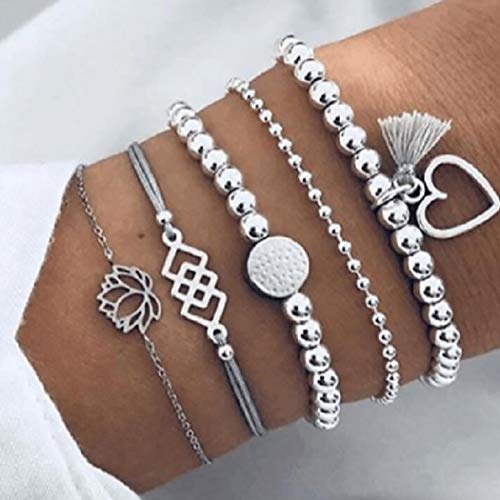 Simsly Lot de 5 bracelets Bohemia à pampilles avec Tassel pendentif en forme de cœur en argent et chaîne réglable Elastique Bracelet Cadeau Bijoux pour femmes et filles Cover
