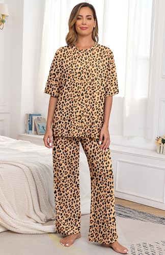 Image of PrinStory Womens Pajamas Sets 2 Piece Lounge Set Short Sleeve Tops and Long Pants Soft Pjs Loungewear with Pockets
