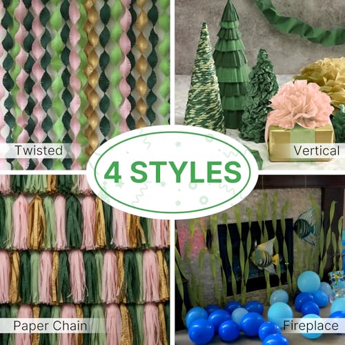 Image of PartyWoo Olive Green Crepe Paper Streamers 8pcs 656 ft Pack of Dusty Sage Green Crepe Paper Sheets for Birthday Baby Shower Graduation Woodland Dinosaur Jungle Football Theme Party Decorations