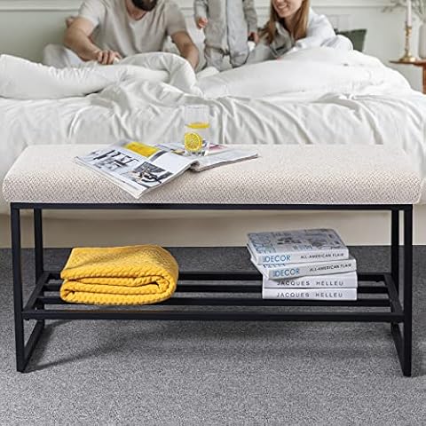Zesthouse Upholstered Shoe Bench Entryway with Storage, Comfy Line Fabric Bench for Bedroom End of Bed, Metal Shoe Rack for Closet Hallway Doorway Living Room Mudroom, Beige Cover