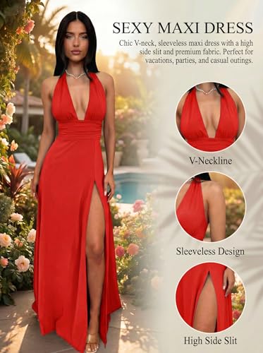 Image of Ekaliy Womens Sexy Halter Deep V Neck Maxi Dress Sleeveless Backless Split Long Dress
