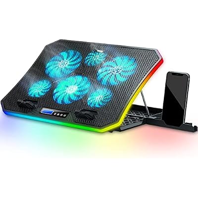 TopMate C12 Laptop Cooling Pad RGB Gaming Notebook Cooler for Desk and Lap Use, Laptop Fan Stand 8 Adjustable Heights with 6 Quiet Fans and Phone Holder, for 15.6-17.3 Inch Laptops -Ice Blue LED Light