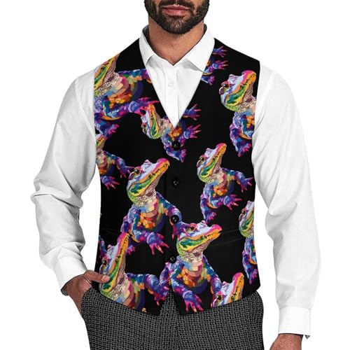 Colorful Psychedelic Crocodile Men's Suit Vests Dress Vest V-Neck Waistcoat Slim Business Formal with Pocket