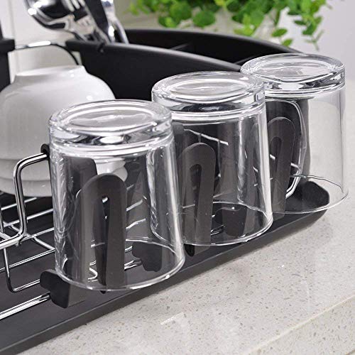 Loclgpm Rust-Proof Kitchen Draining Dish Drying Rack, Dish Rack with Black Drain Board, 3 Independent Cup Holder Accessories, 1 Wide Tableware Rack and Knife Holder Accessory