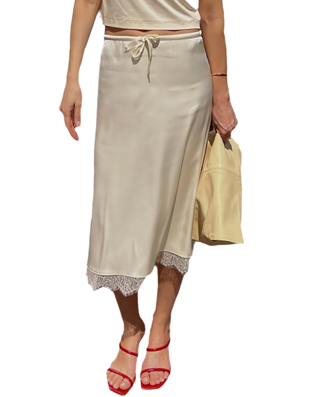 Womens Elegant Satin Silk Midi Skirts Lace Hem Drawstring High Elastic Waist Going Out Casual Midi Skirts