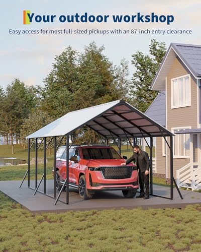 Image of GarveeLife 13x21 ft Metal Carport with Vertical Roof, Heavy-Duty Metal Car Port with Reinforced Frame, Steep-Pitch Roof Design, High-Clearance for Full-Sized Pickup, White