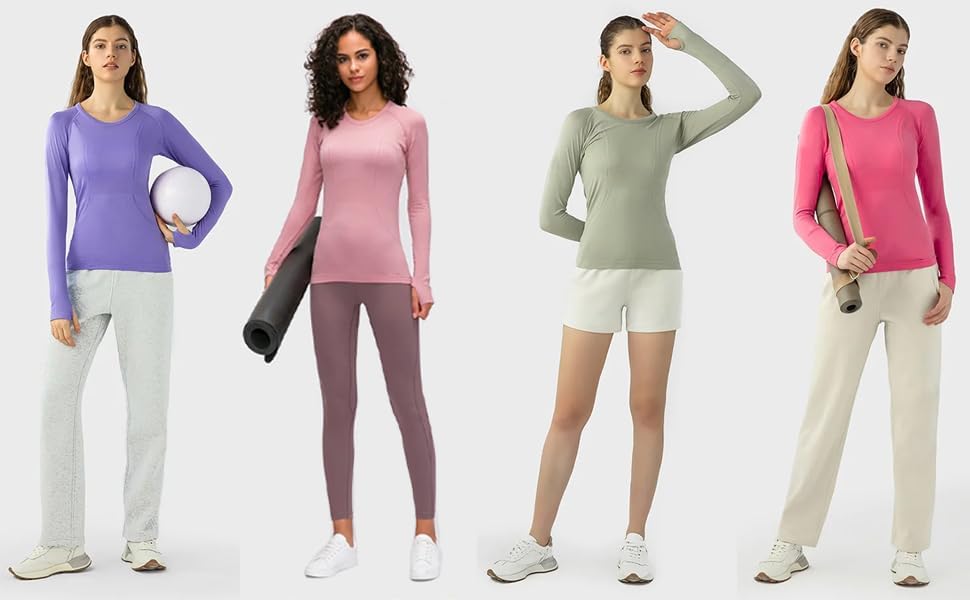Miniatura 12 de Camiseta sin costuras para mujer, de manga larga, perfecta para yoga, gimnasio, para deportes y fitness, ajuste entallado