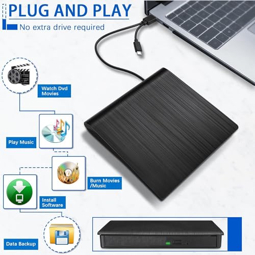 Image of External DVD Drive, USB 3.0 Portable + /-RW, DVD Player for CD ROM Burner Compatible with Laptop Desktop PC Windows Linux OS Apple Mac Black