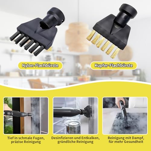 11 Stück Dampfreiniger Zubehör für Kärcher SC1 SC2 SC3 SC4 SC5, mit Rundbürste Flachbürste Gebogene Düse Hand-Dampfbürste, Große Rundbürste Reinigungstuch-Bezug Schaberdüse Geeignet für Küche Auto