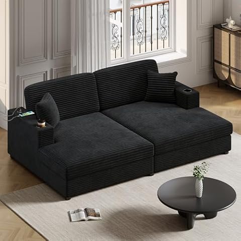 RUNNA Oversized Loveseat Chaise Lounge Sectional Sofa Bed Corduroy Sleeper Sofa with Two USB Ports,Two Cup Holders and Two Throw Pillows for Living Room and Bedroom (Black@002) Cover