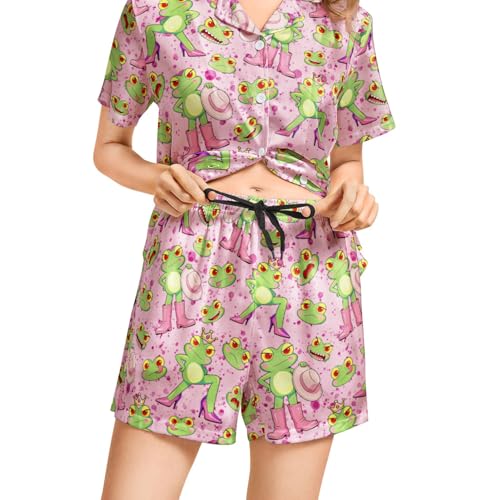 Image of Silk Satin Pajama Set for Women Summer Lounge Pjs Sets 2 Piece Suit Ladies Button Down Tops And Shorts Sleepwear