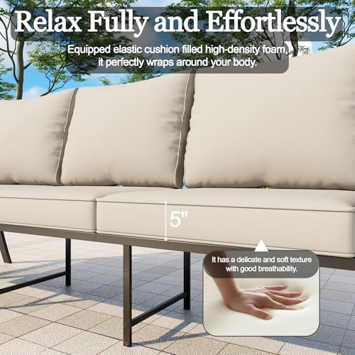 Image of Outdoor Furniture Set, Patio Conversation Set Include 2 x 3-Seater and Fire Pit Table for Deck, Porch, Garden, Backyard, Poolside (Beige, 3-Piece)