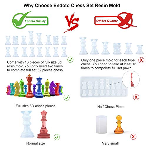 Endoto Chess Set with Checkers Board Silicone Resin Mold, 32 Pieces Full Size 3D Chess Crystal Epoxy Casting Molds for DIY Art Crafts Making, Family Party Board Games and Home Decoration by Endoto - Image 2