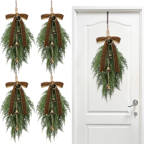 Shihanee Weihnachtsgirlande in Tropfenform, künstlicher Zedernkranz mit Samtbandschleife und rustikalen Vintage-Glocken für Baum, Haustür, Bauernhaus, Zuhause, Wanddekoration, 4 Stück
