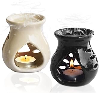Pure Source India Ceramic Oil Burner Aroma Diffuser Set of 2 (Black & Off-White)