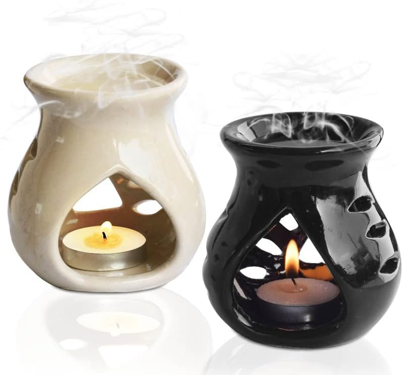 Pure Source India Ceramic Oil Burner Aroma Diffuser Set of 2 (Black & Off-White)
