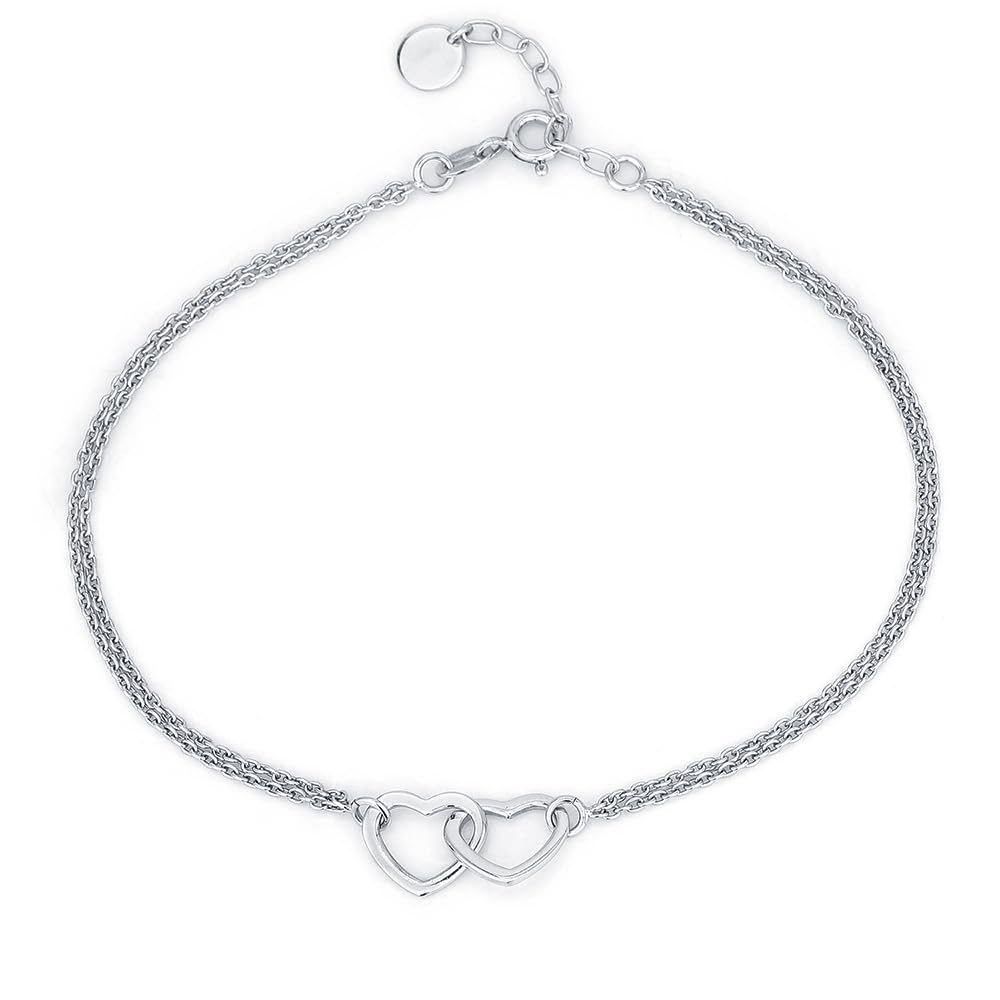 Vanbelle Sterling Silver Jewelry - Rhodium Plated with 925 Stamp - Interlinked Couple Hearts Anklet - Elegant handcrafted Chain Anklet for Women - 9" long + 1" extender