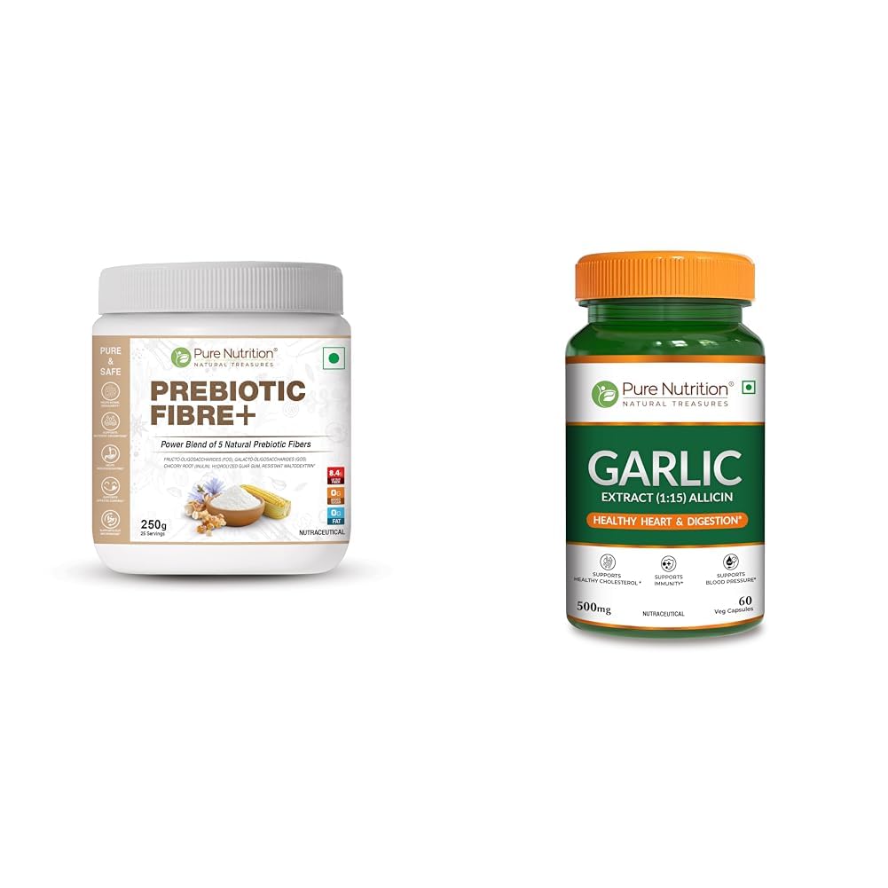 Pure Nutrition Prebiotic Fibre Powder, 250g - Fiber Supplement with Natural Blend of 5 Prebiotic F | Pure Nutrition Garlic Extract 500mg – 60 Veg Capsules | Allium Sativum (1:15) for Heart Health, Di-image-30