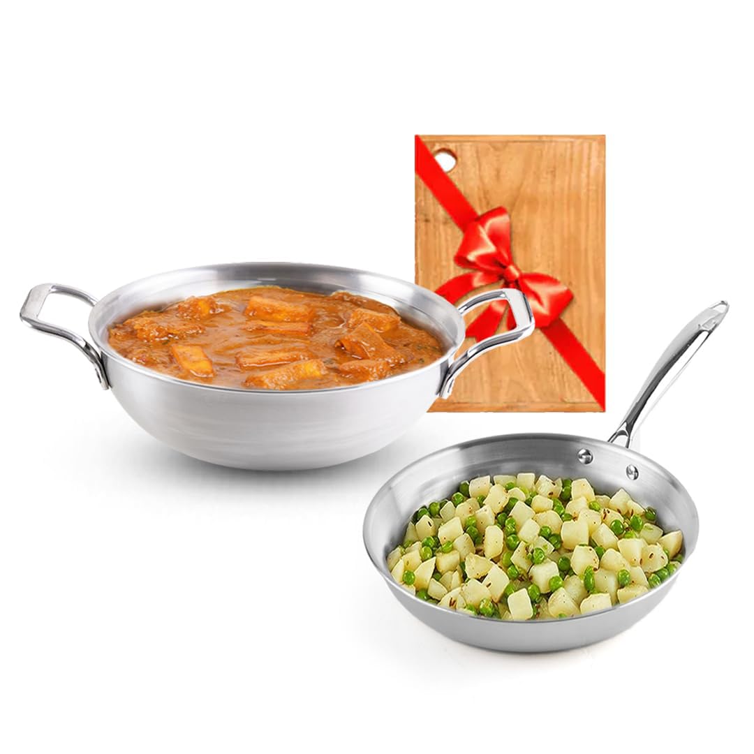 The Indus Valley Triply Stainless Steel Cookware Set + Free Wooden Chopping Board | Kadai (23 cm/2.7L) + Fry Pan (25.4 cm/1.7L) | Kitchen Cooking Combo Pots and Pans Set of 3Pcs | Naturally Nonstick