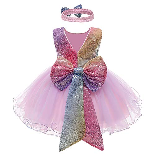 Baby Girl Birthday Wedding Communion Formal Rainbow Sequin Tulle Dress for Kids Infant Flower Christening Baptism Pageant Dance Evening Party Gown with Bowknot/Headwear Pink 3-4T