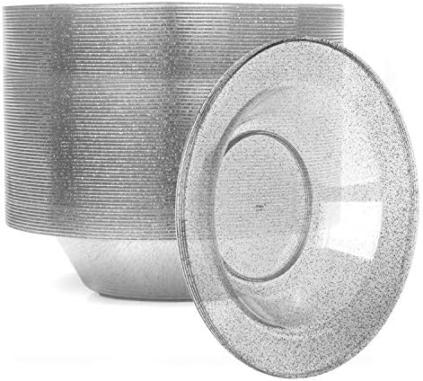 Ilyapa 12oz Plastic Bowls Set of 100 - Silver Glitter 12 oz Heavy Duty Dessert Disposable Bowl Pack for Wedding or Party…