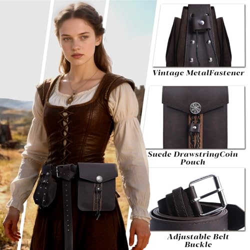 Image of Black Renaissance Pirate Belt with Pouch & Coin Purse Set | Medieval Viking Pirate Belt Pouch for Halloween Cosplay Ren Faire Accessories,Coffee brown.