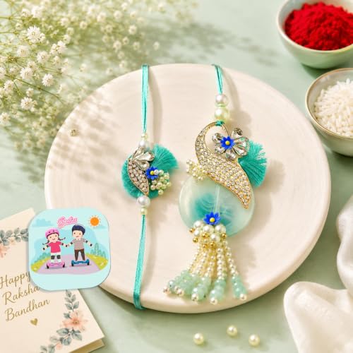 Image of CraftVatika Rakhi for Brother and Bhabhi, Designer Couple Rakhi Gift Combo for Brother Men Bhaiya, Premium Rakhis for Rakshabandhan, Lumba for Bhabhi, Best Wishes Card Tillak Set with Magnet Gift Set
